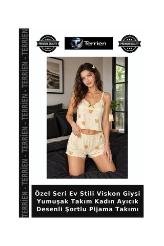 Terrien Özel Seri Ev Stili Viskon Giysi Yumuşak Takım Kadın Ayıcık Desenli Şortlu Pijama Takımı sarı