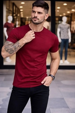 Vexor Erkek T-shirt Bisiklet Yaka Slim Fit Dar Kesim Likralı Tişört Günlük Basic Body - Bordo