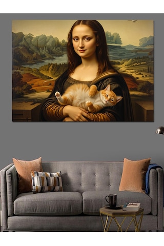 Kedi Tutan Mona Lisa Versiyonu Dekoratif Kanvas - Mdf Ahşap Tablo