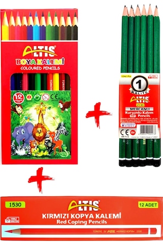 Altıs 12 Li Kurşun Kalem+Kırmızı Kalemi+Tam Boy Kuru Boya Kalemi