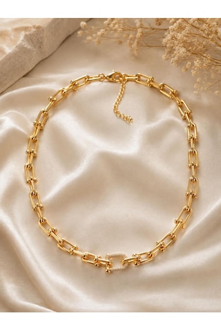 Gold Zincir Tek Halka Zirkon Taşlı Çelik Kolye Altın