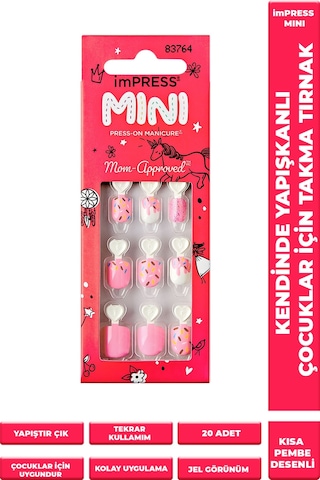 Mini Kendinden Yapışkanlı Çocuk Takma Tırnağı Pembe Desenli