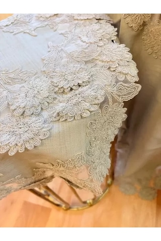 Ventra Gri Flowers Model 5 Parça Keten Dantelli Runner Seti Salon Takımı Masa Örtüsü Ventra
