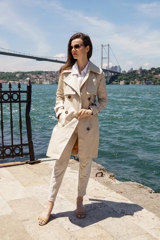 Pastelastore %100 Pamuk Gabardin Midi 95cm Astarlı Kemerli Kadın Trençkot 1113 Taş Rengi Taş