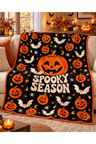 Halloween Spooky Season %100 Polar Tv Battaniyesi 130x170cm Büyük Boy Çok Renkli
