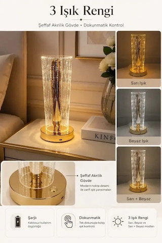 Led Masa Lambası Şeffaf Silindir Akrilik Gövdeli Gold Şarjlı Dokunmatik Led Masa Lambası 3 Kademeli
