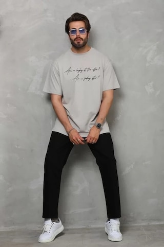 Vexor Unisex Bisiklet Yaka Baskılı Oversize T-shirt - Gri