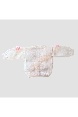 Uretti - Gülnur 2184 - El Örgüsü Pembe Çiçekli Kız Çocuk Hırka 4 Yaş - Beyaz Beyaz