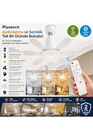 E27 Duylu Kumandalı 6 Kanatlı Pervaneli Led Tavan Lambası 30w 3 Renk Işıklı Fanlı Avize