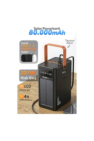 7go Gpw-10 80000mah Güneş Enerjili Powerbank Pd 22.5w Hızlı Şarj Dahili Kablolu, 4 Usb Çıkışlı Taş Siyah