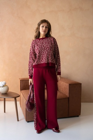 Kadın Geniş Yaka Desenli Kazak Pantolon İkili Triko Takım Bordo