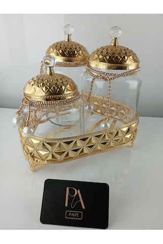 Çay Kahve Şekerlik Kavanoz Sunumluk Söz Nişan Kız İsteme Çikolatalık Dekoratif Obje Biblo Süs Eşya Üçgen Gold