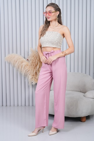 Polologin Butik Beli Bağcıklı Yüksek Bel Bol Paça Pudra Pantolon Pembe