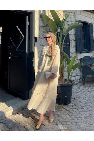 Merve Gültekin Aksesuarlı Naturel Keten Elbise Çok Renkli