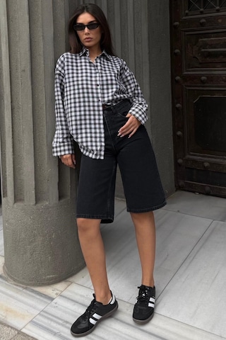 Madmext Siyah Oversize Kareli Kadın Gömlek Mg2822
