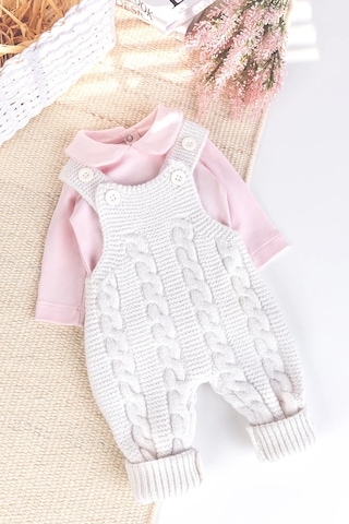 Triko Kışlık 2'li Kız Bebek Salopet Tulum Set Krem