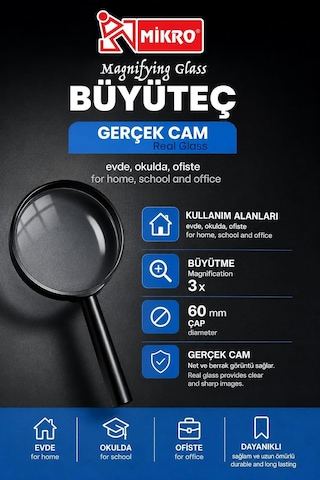 Mikro Büyüteç, Gerçek Cam, 3x Büyütme, 60 Mm Çap, El Tipi, Okuma Harita Hobi Ofis Okul İçin