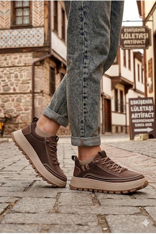Guja 26y514 Rahat Hafif Taban Tekstil Lastik Bağcıklı Sneaker Erkek Ayakkabı Kahve