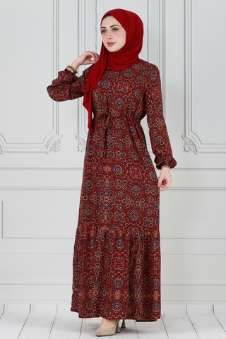 Sevitli Çini Desen Beli Tünelli Viskon Elbise-kırmızı-3830-kırmızı Kırmızı