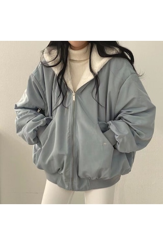 Simicg Polar Kapüşonlu Çift Taraflı Ceket,mavi Açık Mavi