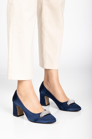 Kadın Siletto Topuklu Ayakkabı Lacivert Saten Taşlı Kalın Topuklu-4170 Lacivert