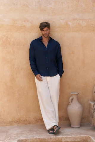 Mai Collection Mai Studios Co. Agnola Oversize Erkek Lacivert Keten Gömlek Lacivert