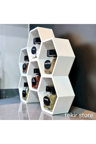 6'lı Baharatlık Takımı Ahşap Beyaz Standlı Petek Model Çift Yönlü Beyaz