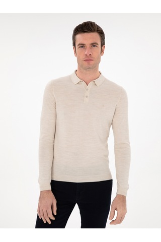 Cacharel Bej Slim Fit Yün Karışımlı Polo Yaka Basic Triko Kazak