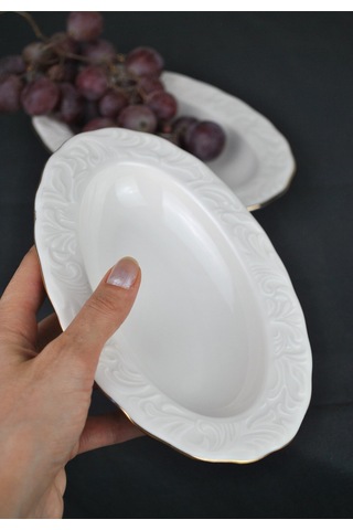 2'li Gold Yaldızlı Porselen Kayık Tabak 12x19 Cm Sunum Tabağı Orta Boy Beyaz
