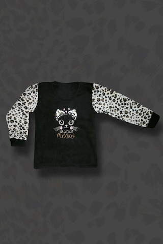 Kız Çocuk Leopar Desenli Göz Bantlı Peluş Polar Pijama Takımı Siyah