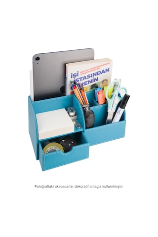 Masaüstü Düzenleyici,kalemlik,kumandalık,küpbloknotluk,tabletlik,kitaplık,6 Gözlü,çekmeceli,desktop Organizer,vegan,24,5 13 12 Turkuaz