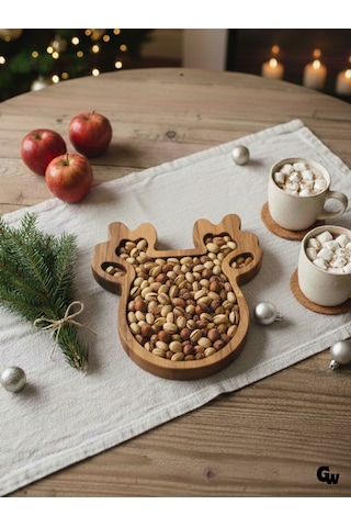 Yılbaşı Sunum Tabağı Noel Geyik Doğal Ahşap Çerez Tabağı Kayın / Gürgen 1 Adet Ahşap