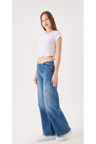 Eseclass Modern Kesim Yüksek Bel Püskül Detaylı Jean Pantolon Mavi