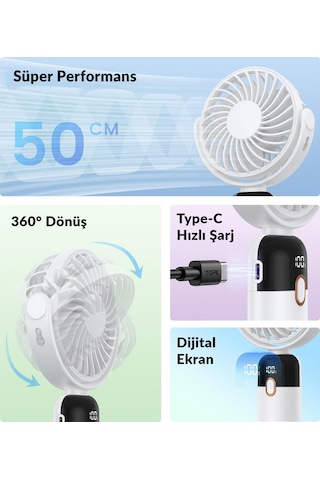Warmco K70 Taşınabilir Şarjlı El Vantilatörü 2400mah 360 Döner Başlıklı Ve Standlı Dijital Ekranlı Soğutucu Fan Beyaz