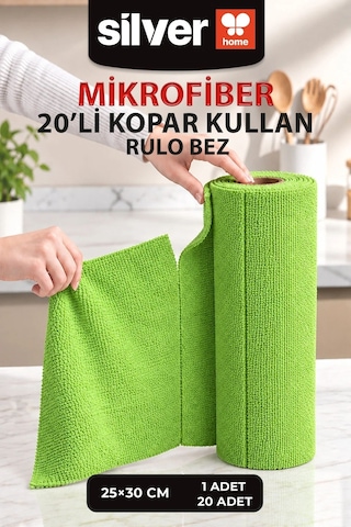 20 Li Rulo Mikrofiber Temizlik Bezi 25x30 Cm Yıkanabilir Kopart Kullan Süper Emici İz Bırakmaz Yeşil
