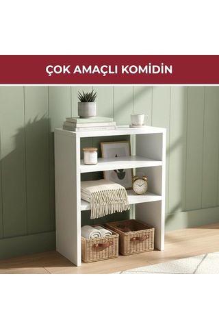 Pikas Yakut Ayaklı İki Bölmeli Çok Amaçlı Komodin Beyaz, Modern Tasarım, Açık Raf Ünitesi Çok Renkli
