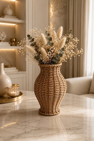 Qerhome Rattan Hasır Dekoratif Vazo - Dekoratif Obje Mln-11431 Ahsap