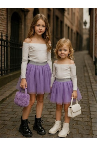 Kız Çocuk Beli Lastikli Tütü Etek-16227 Lila