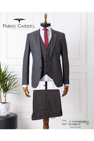 Fabio Cassel Slim Fit Mono Yaka Çift Yırtmaçlı Astarlı Takım Elbise Yelekli Füme