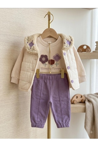Efemkids 3'lü Kapitone Çiçekli Kız Bebek Takım 6-9 Ay 9-12 Ay 12-18 Ay Yenidoğan Bebek Takım Yelek+uzun Kollu Çıtçıtı Body+pijama Kız Bebek Takım Krem - Beyaz
