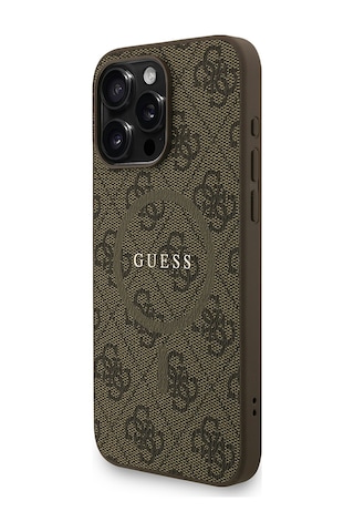 Apple iPhone 15 Pro Max Uyumlu Kılıf Guess Lisanslı M safe Bilek Askı İpli Yazı Logolu Kapak Kahve