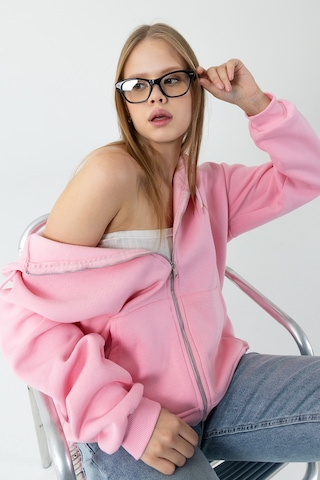 Giysa Kadın Kapüşonlu Fermuarlı Şardonlu 3ip Sweatshirt Pembe - 9015 - 264401 Pembe