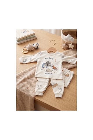 Deniva Kids Bebek Krem Kutuplar Temalı My Little Universe Baskılı %100 Pamuk 2'li Alt Üst Takım