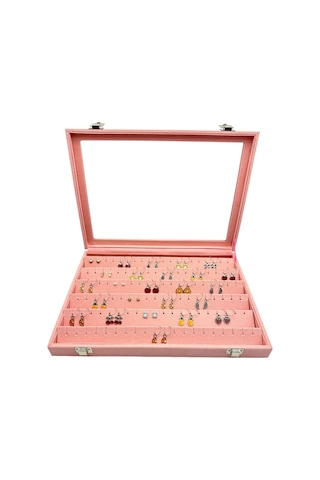 Camlı Küpe Koleksiyon Kutusu Süet Pembe