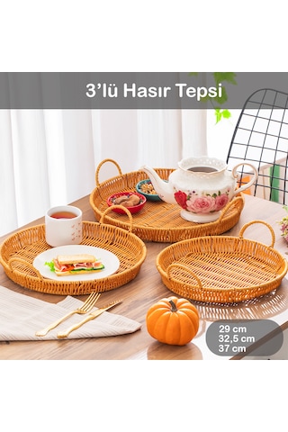 Porsima 710-b Yuvarlak 3'lü Hasır Tepsi Dekoratif Sunum Tepsisi