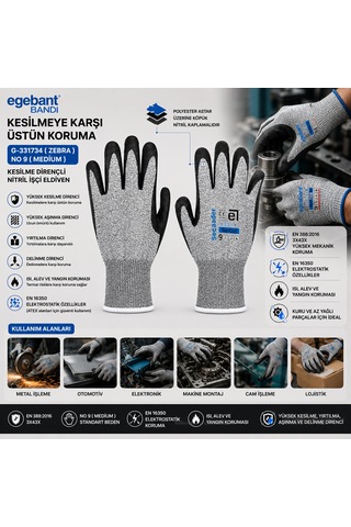 10 Adet Zebra No 9 Medium Kesilme Dirençli Nitril İşçi Eldiven Bandı 4741