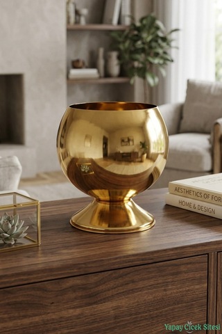 Yapay Çiçek Sitesi Metal Dekoratif Küre Saksı 15 Cm Altın