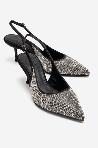 Luvishoes Yasmına Siyah Gümüş Taşlı Kadın Topuklu Ayakkabı Siyah - Gümüş