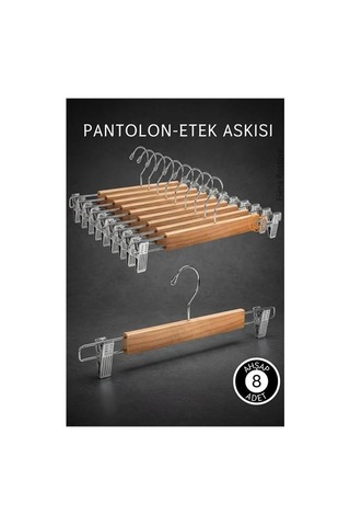 8 Adet Ahşap Pantolon Etek Askısı - Ayarlanabilir Gümüş Mandallı 36cm Organizer Set 719305 Siyah