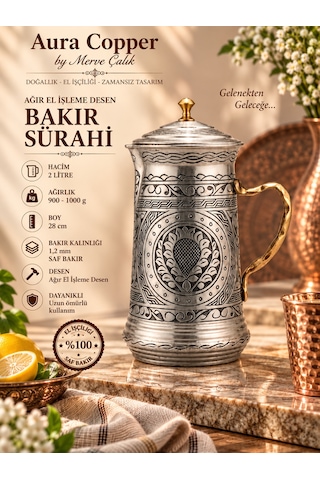 Aura Copper 2 Litre Kapaklı Kalaylı Bakır Sürahi Ağır El İşlemeli